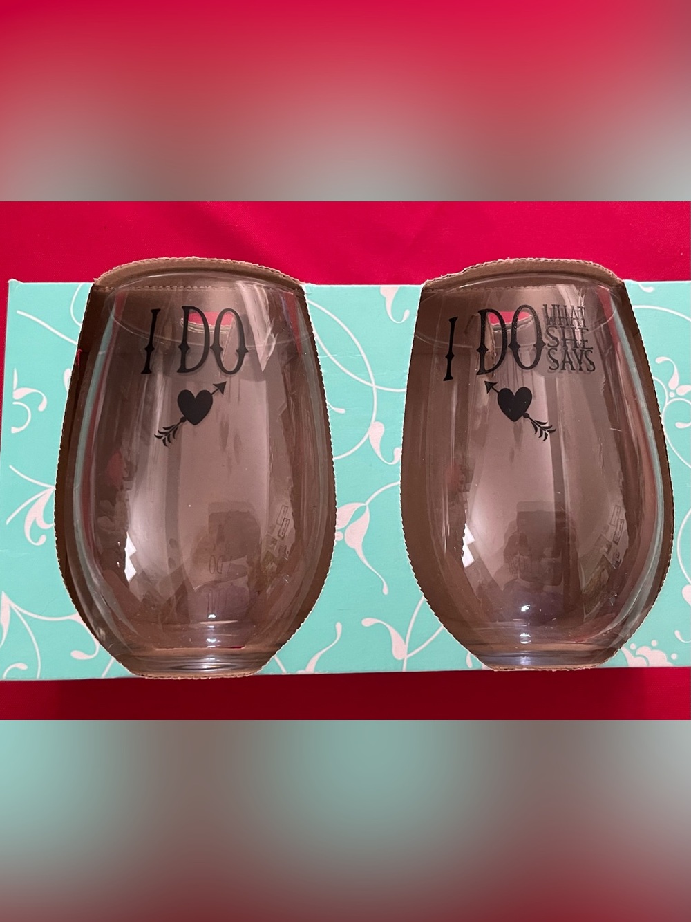 I DO & I DO WHAT SHE SAYS Stemless Glasses - Set of 2 - Black Lettering 21 Oz